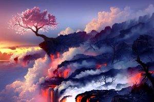 artwork, Cherry Blossom, Trees, Lava, Clouds