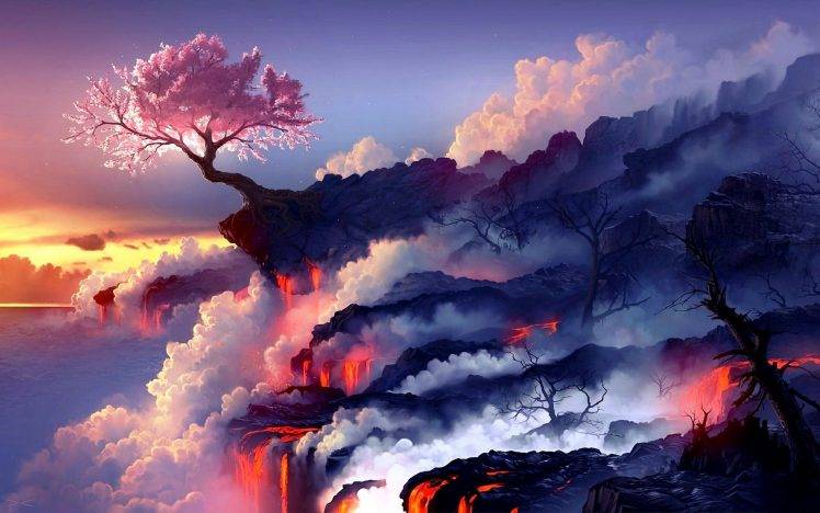 artwork, Cherry Blossom, Trees, Lava, Clouds HD Wallpaper Desktop Background