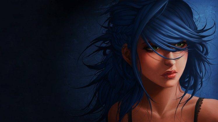 artwork, Blue Hair, Green Eyes, Women, Piercing HD Wallpaper Desktop Background