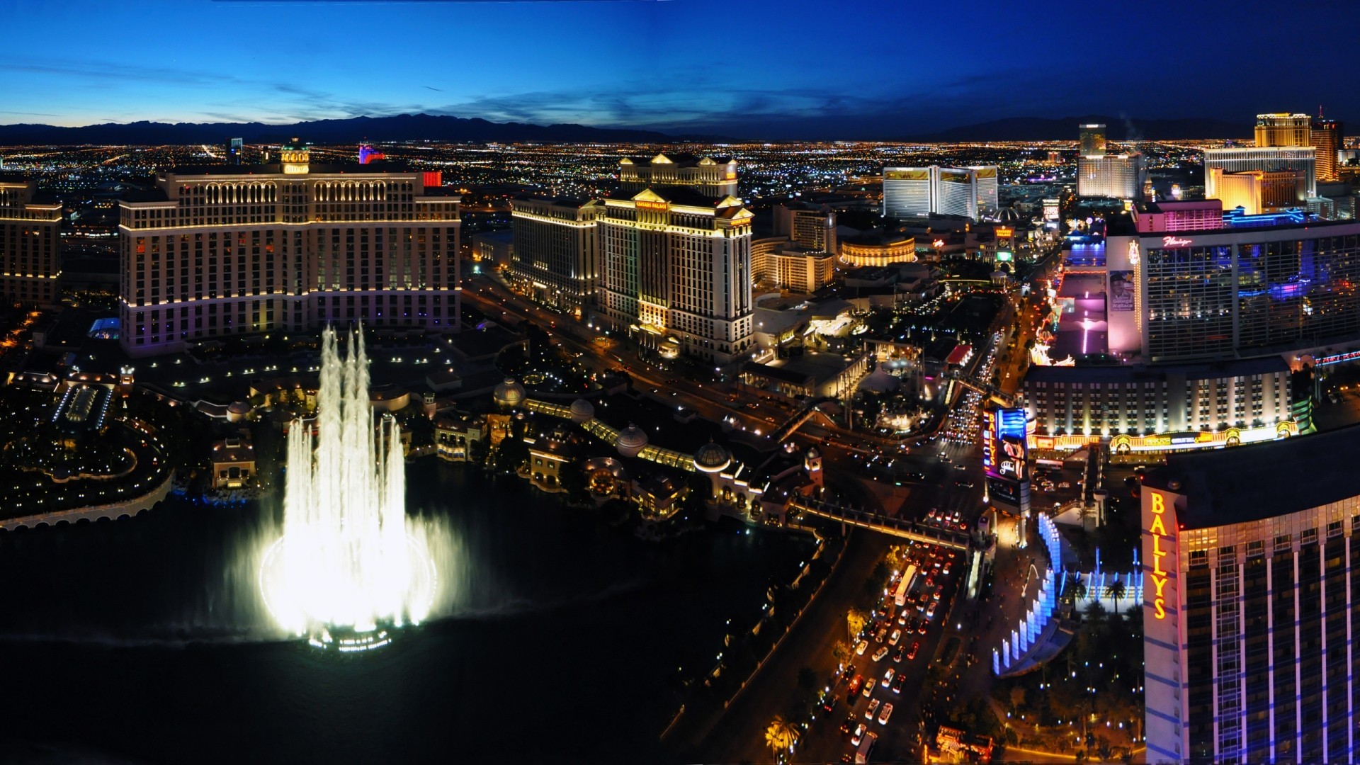 Las Vegas, Cityscape, Lights, Fountain, Hotels, Traffic Wallpaper