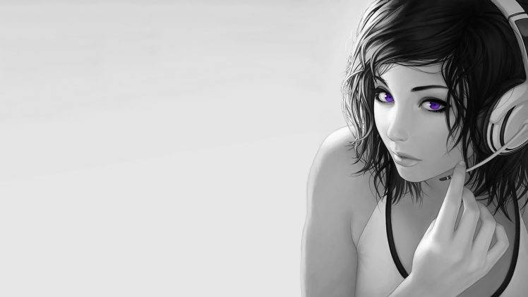 selective Coloring, Headsets, Purple Eyes, Simple Background, Animation HD Wallpaper Desktop Background
