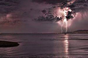 lightning, Water, Clouds