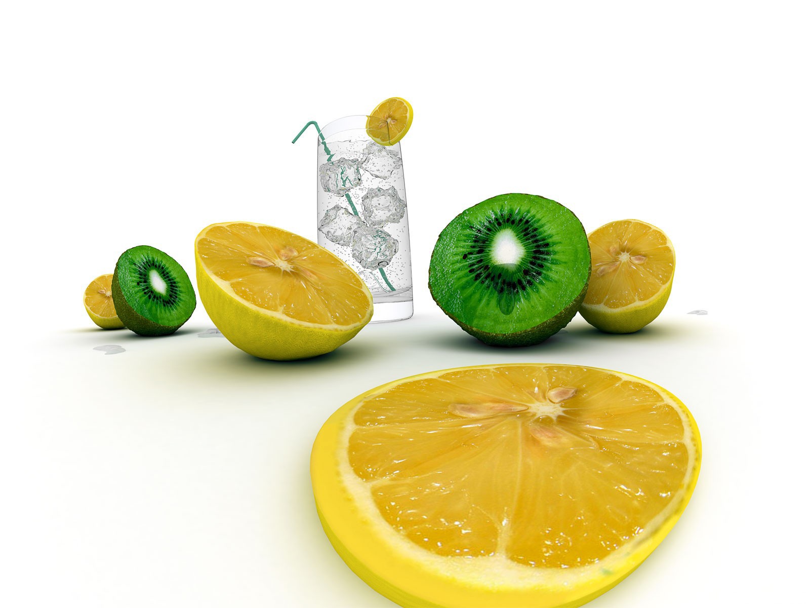 lemons, Kiwi (fruit), Glass, Ice Wallpaper