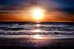 sunset, Beach, Sea, Waves