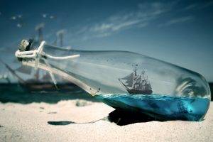 bottles, Ship, Beach, Sand, Sunset