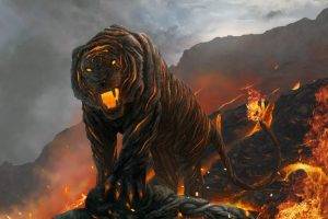 tiger, Volcano, Lava, Fire