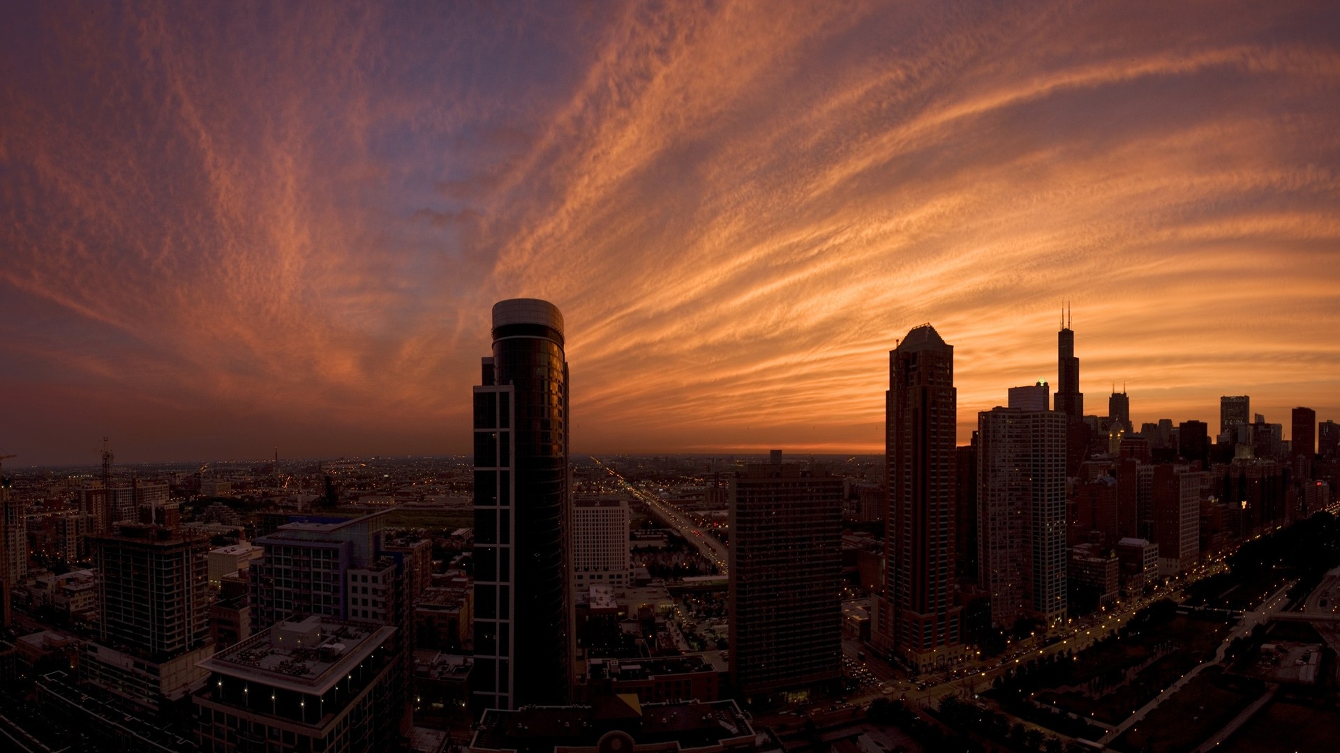 Chicago, USA, City, Cityscape, Skyline, Building, Skyscraper, Sunset, Clouds, Fisheye Lens Wallpaper