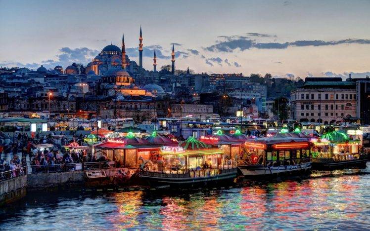 Turkey, Istanbul, Cityscape, Crowds, Mosques, Lights, Boat, Coast, Architecture HD Wallpaper Desktop Background