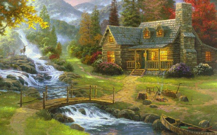 building, Thomas Kinkade, Cottage, Waterfall, Deer, Bridge, Canoes HD Wallpaper Desktop Background