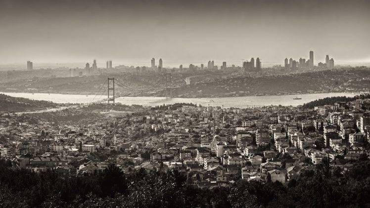 Istanbul, Turkey, Monochrome, Cityscape, Bridge, Bosphorus HD Wallpaper Desktop Background