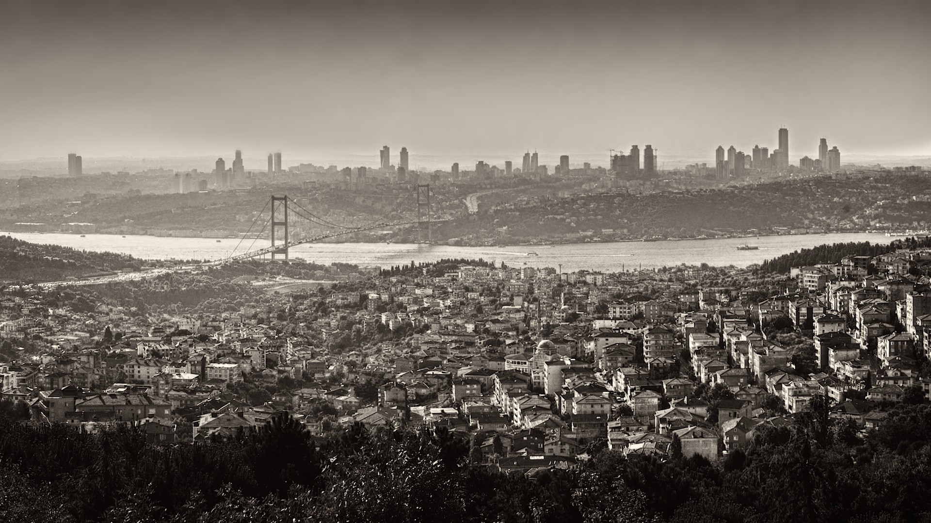 Istanbul, Turkey, Monochrome, Cityscape, Bridge, Bosphorus Wallpaper