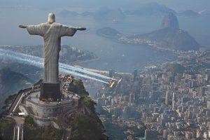 Rio De Janeiro, Statue, Christ The Redeemer, Contrails, Aerial View