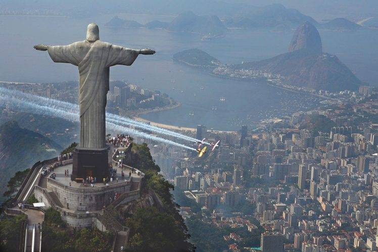 Rio De Janeiro, Statue, Christ The Redeemer, Contrails, Aerial View HD Wallpaper Desktop Background