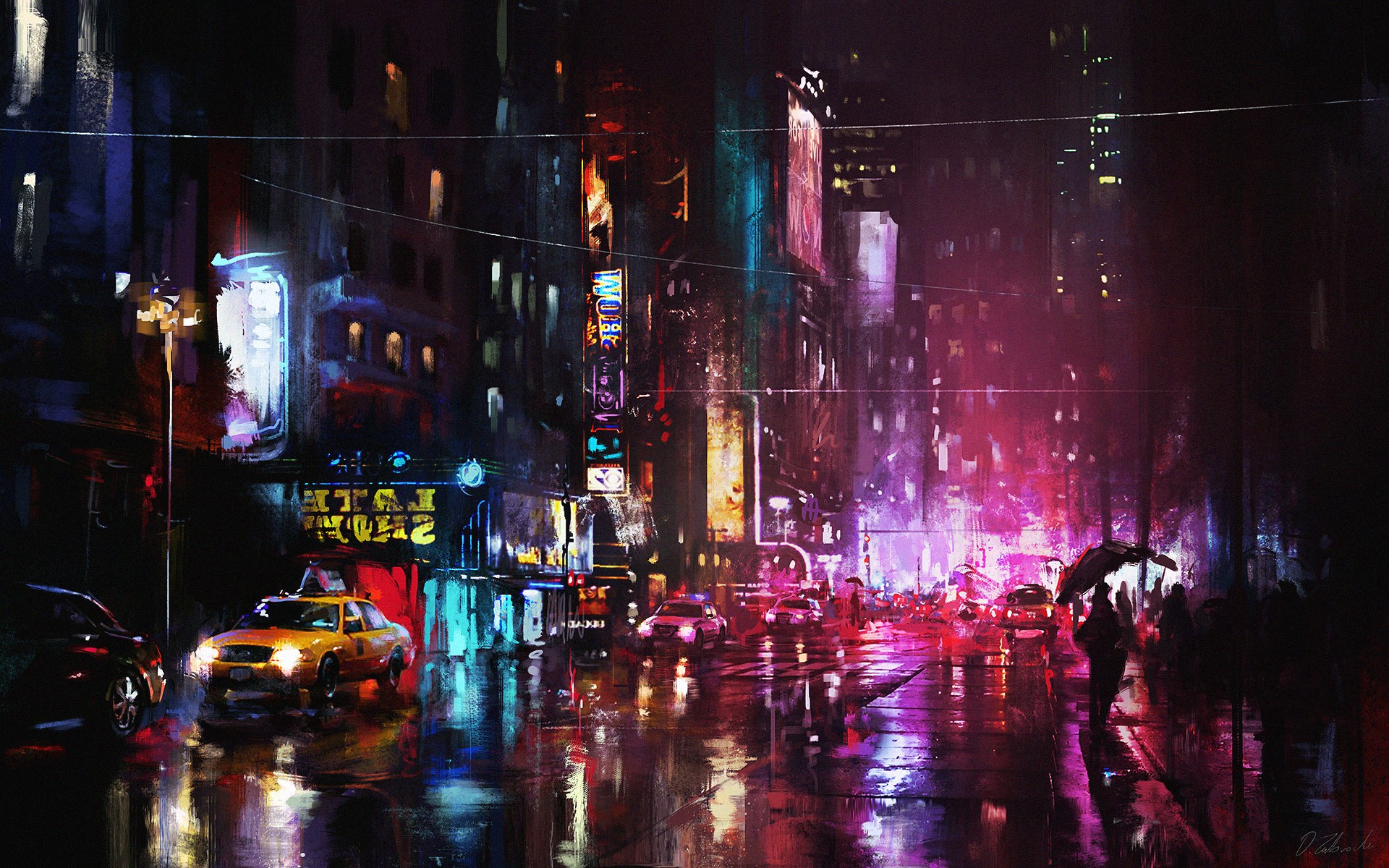 painting, Cityscape, Road, Signs, Rain Wallpaper