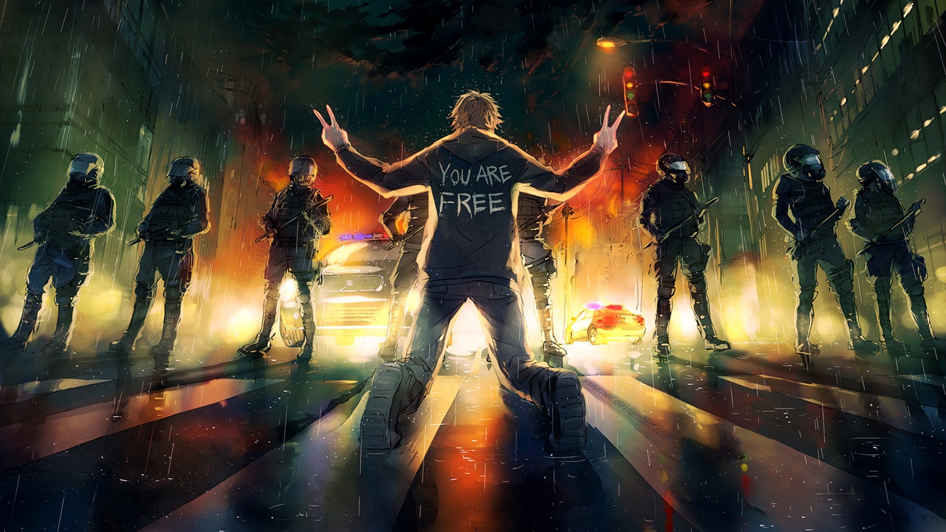freedom, Police, Yuumei, Fisheye Placebo Wallpaper