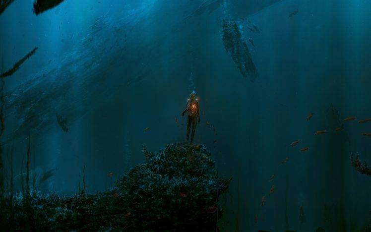 sea, Divers, Underwater, Fish, Artwork HD Wallpaper Desktop Background