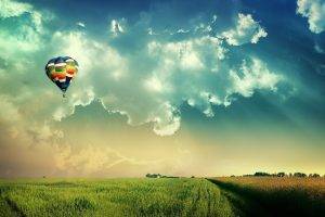 hot Air Balloons, Field, Clouds