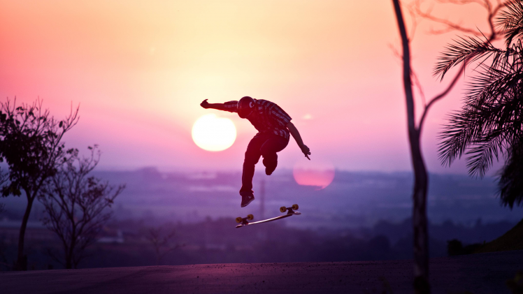 sunset, Asphalt, Skateboard HD Wallpaper Desktop Background