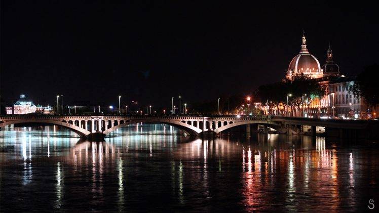 Lyon, France, Photography, Night, Colorful, Lights, Bridge HD Wallpaper Desktop Background