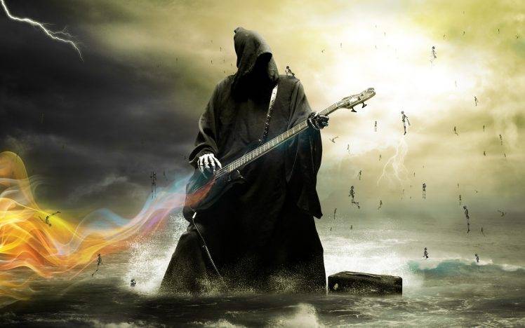 death, Bass Guitars, Water, Grim Reaper, Sea, Guitar, Lightning, Skeleton HD Wallpaper Desktop Background