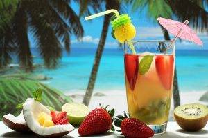 cocktails, Drink, Fruit, Coconuts, Strawberries, Kiwi (fruit), Trees, Tropical