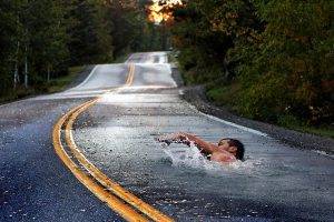 road, Wet, Swimming