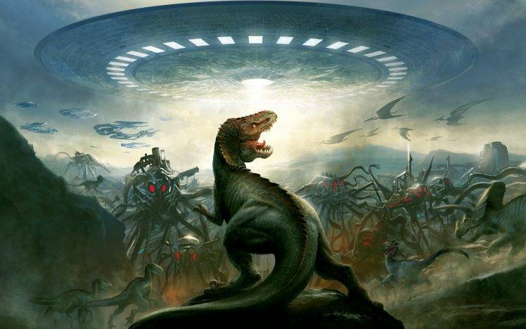 dinosaurs, Aliens, UFO HD Wallpaper Desktop Background