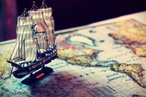 ship, World, Map, Miniatures, Macro, Model Ship, Old Map, World Map, Continents, Depth Of Field, Sailing Ship