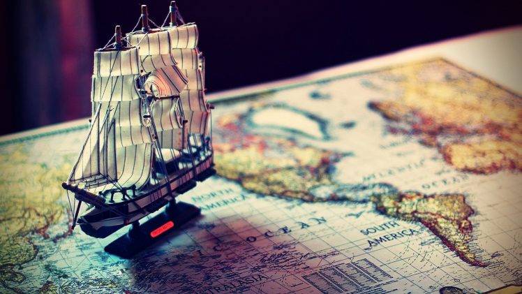 ship, World, Map, Miniatures, Macro, Model Ship, Old Map, World Map, Continents, Depth Of Field, Sailing Ship HD Wallpaper Desktop Background