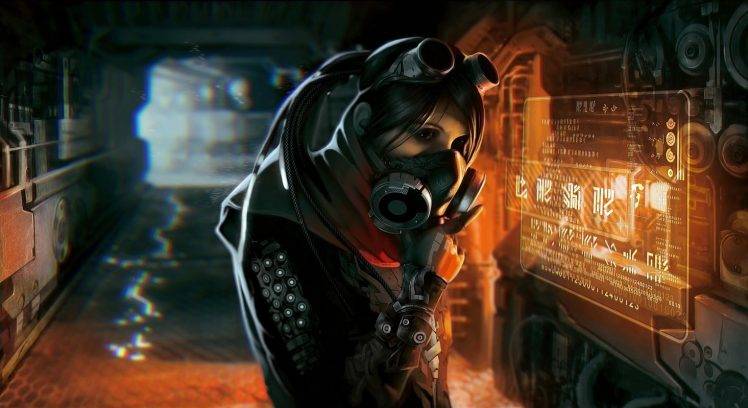 cyberpunk, Interfaces, Gas Masks, Hallway, Goggles HD Wallpaper Desktop Background