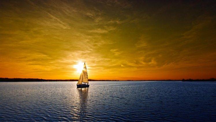 sea, Sunset, Boat HD Wallpaper Desktop Background