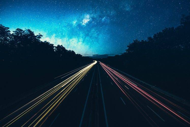 night, Sky, Road, Lights, Stars HD Wallpaper Desktop Background