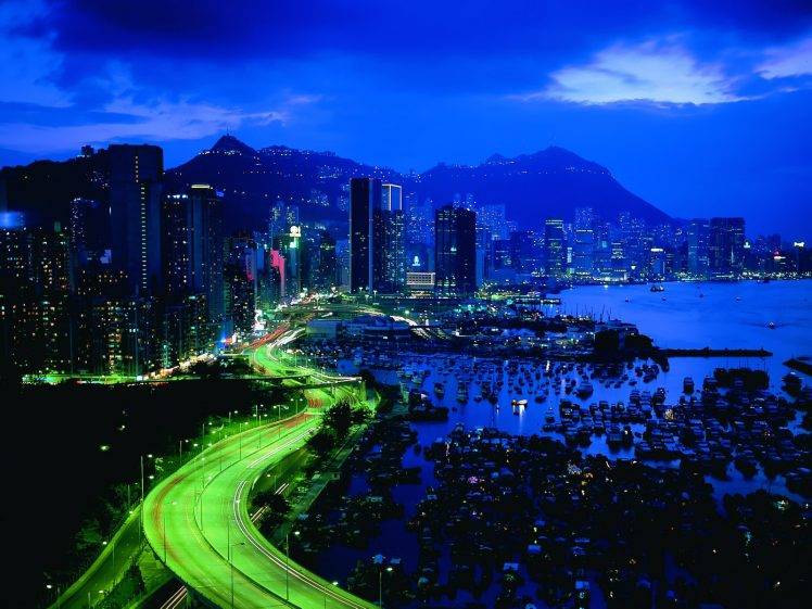 night, Lights, Cityscape, Boat, Skyscraper, Road, Hong Kong HD Wallpaper Desktop Background