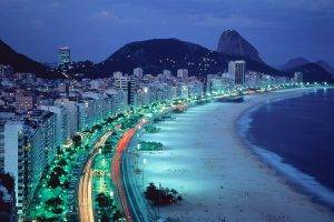 Rio De Janeiro, Brazil, Beach, Mountain, Lights, Night, Road, Cityscape
