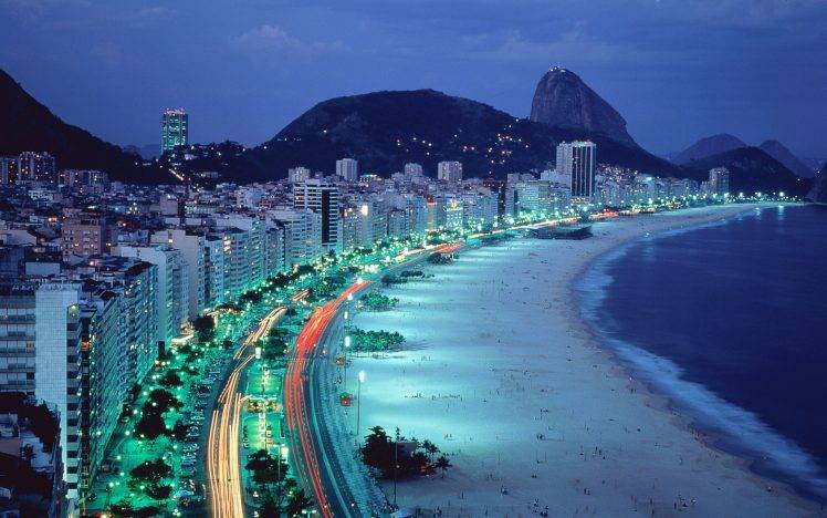 Rio De Janeiro, Brazil, Beach, Mountain, Lights, Night, Road, Cityscape HD Wallpaper Desktop Background