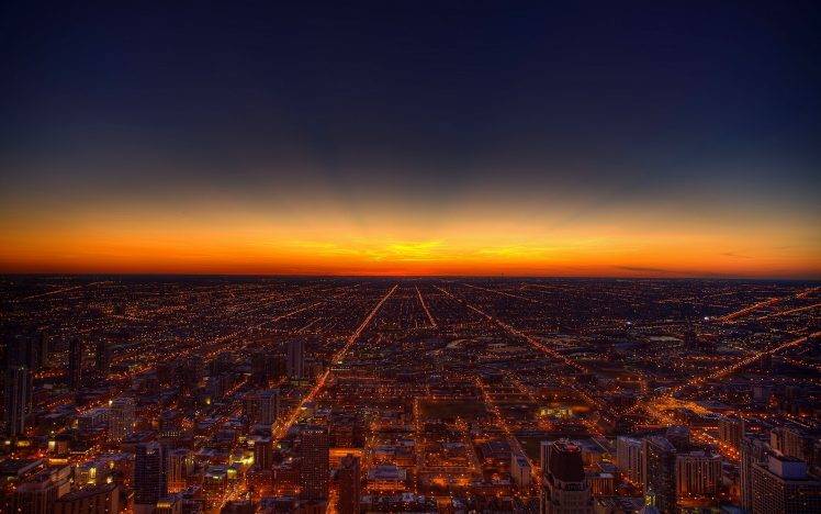 sunset, Chicago, Lights HD Wallpaper Desktop Background