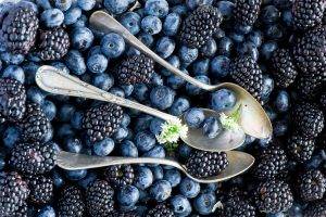 blueberries, Food, Spoons, Berries, Blackberries
