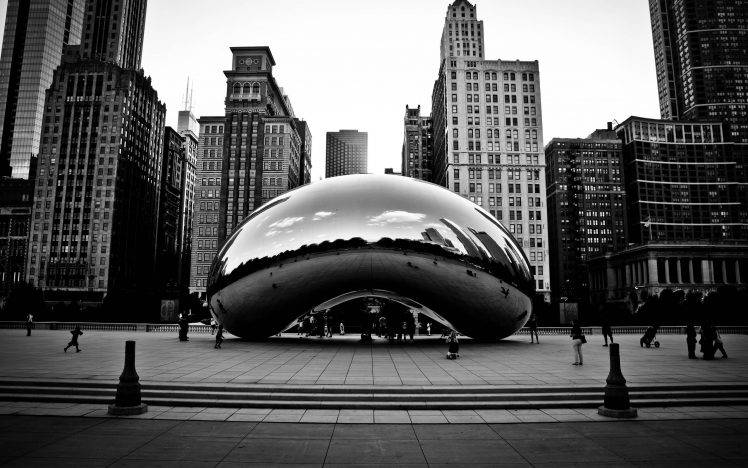 Chicago, Reflection, Sculpture, Monochrome, Cloud Gate, The Bean HD Wallpaper Desktop Background