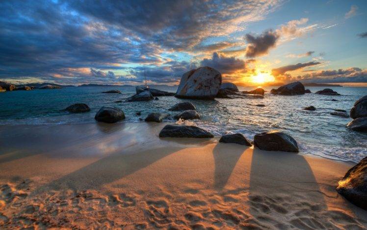 sea, Sunset, Sun, Water, Sand, Beach HD Wallpaper Desktop Background