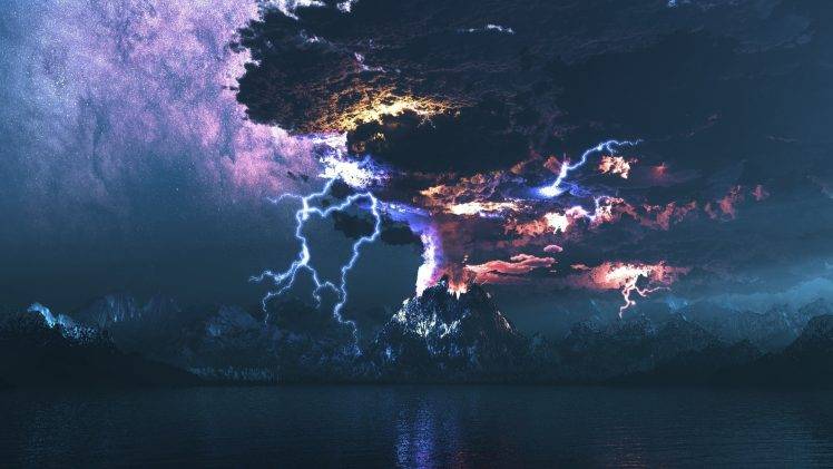 lightning, Volcano, Photo Manipulation HD Wallpaper Desktop Background