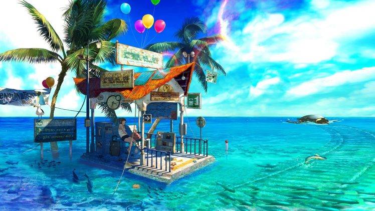 sea, Fish, Palm Trees, Balloons HD Wallpaper Desktop Background