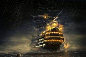 navy, Royal Navy, Sailing Ship, Sea, Rain, Manowar, Ship, Water