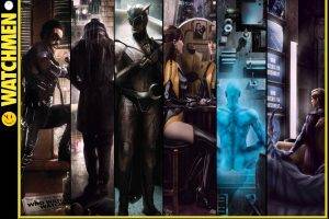 Watchmen, Silk Spectre, The Comedian, Ozymandias, Nite Owl, Rorschach, Dr. Manhattan, Panels
