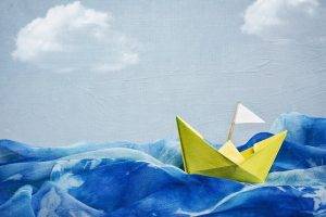 paper Boats, Painting, Sea, Waves, Flag