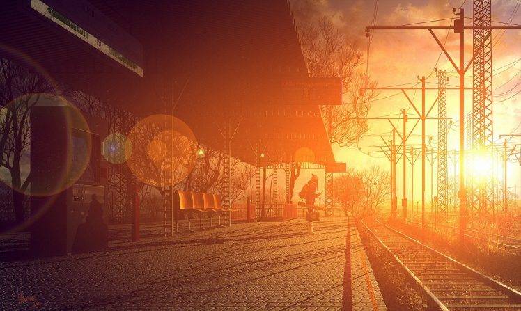 sunset, Train Station, Women, Fall HD Wallpaper Desktop Background