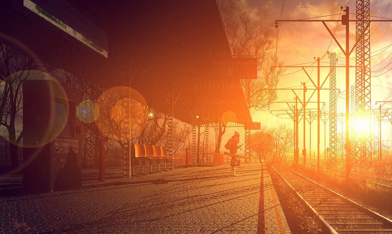 sunset, Train Station, Women, Fall Wallpaper