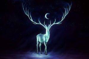 artwork, Crescent Moon, Deer, Antlers