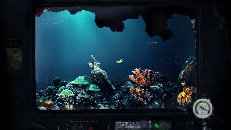 underwater, Statue Of Liberty, Coral, Sea Anemones, Submarine HD Wallpaper Desktop Background