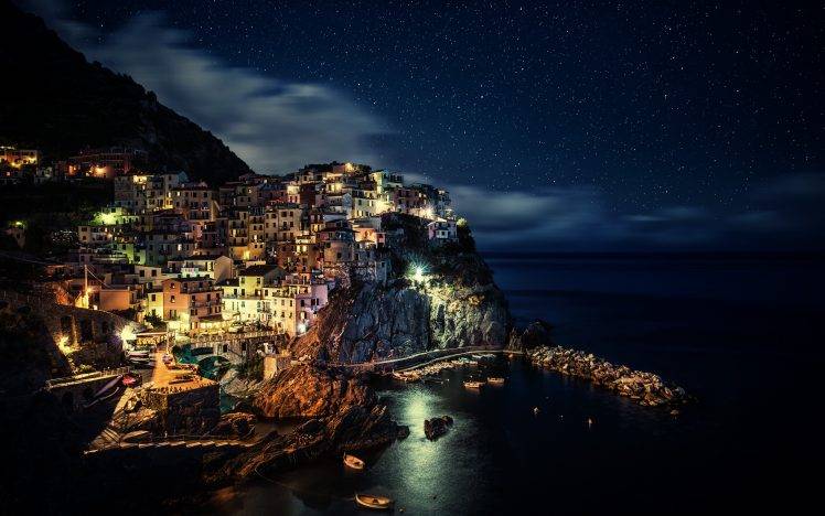 Italy, Night, Manarola, Coast, City, Cinque Terre HD Wallpaper Desktop Background
