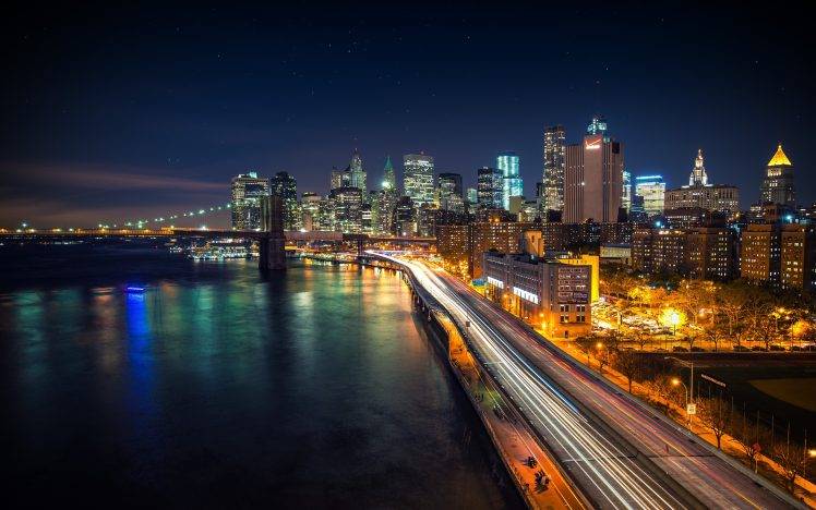 Manhattan, New York City, Night, Brooklyn Bridge, West Side Highway HD Wallpaper Desktop Background